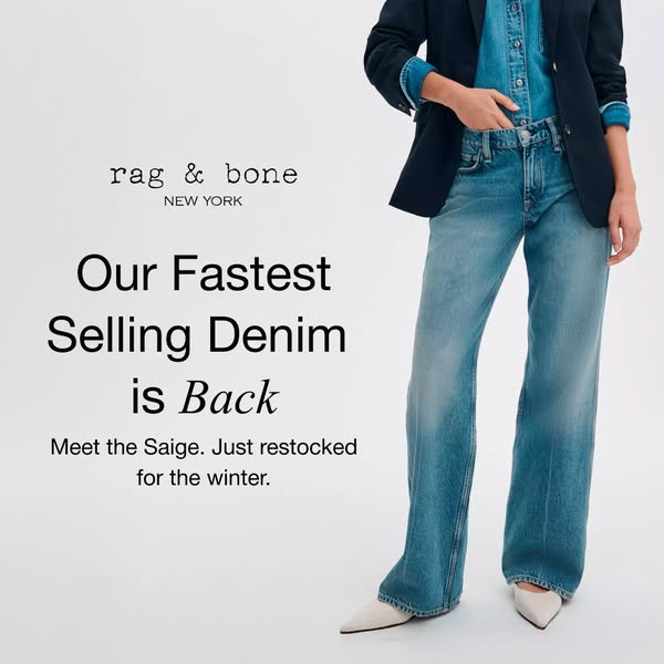 An image ad for Rag & Bone denim, specifically 'The Saige' style, highlighting its popularity and restocked 
