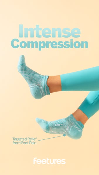 This ad for Feetures socks highlights the intense compression and targeted relief from foot pain that the socks provide.