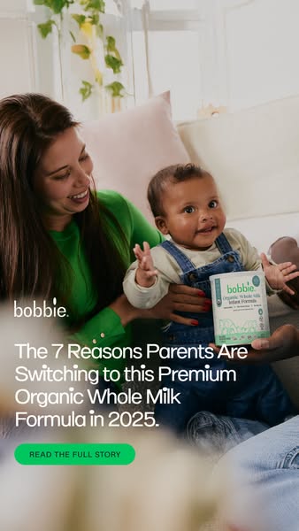 This ad for Bobbie organic whole milk infant formula features a mother and child on a couch, with the product in the for