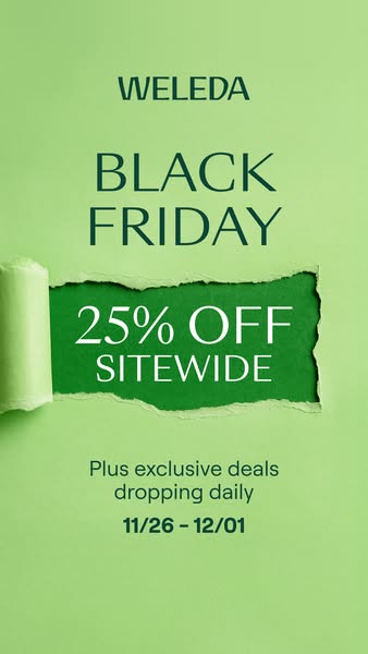 This image ad promotes Weleda's Black Friday sale, offering 25% off sitewide plus exclusive daily deals from Novembe