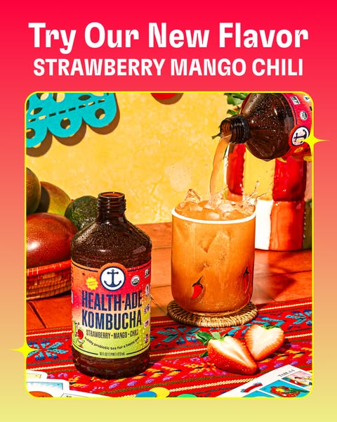An image ad advertising Health-Ade's new Strawberry Mango Chili flavor of kombucha.