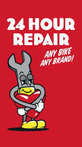 This ad promotes a 24-hour bike repair service that works on any bike, any brand. The ad features a cartoon wrench chara
