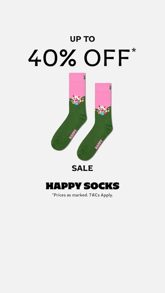 This image ad for Happy Socks promotes a sale of up to 40% off.