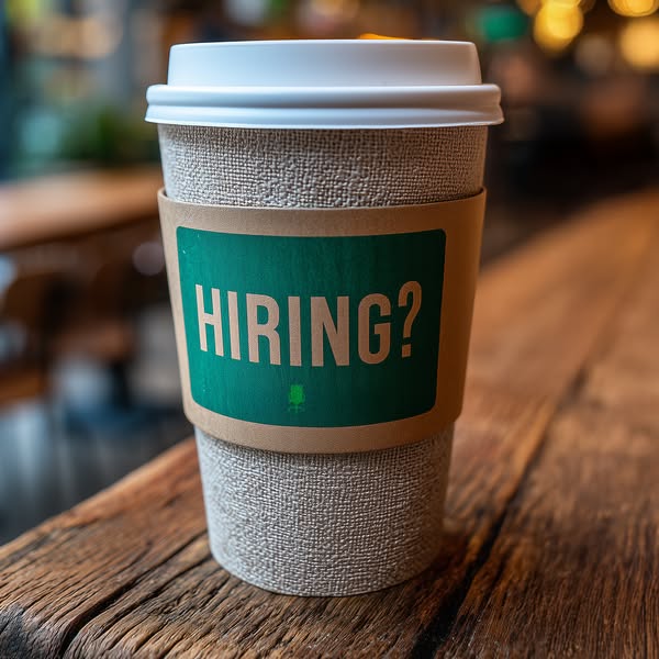 This image ad features a coffee cup with a sleeve that reads "HIRING?" and includes a small chair icon. The ad