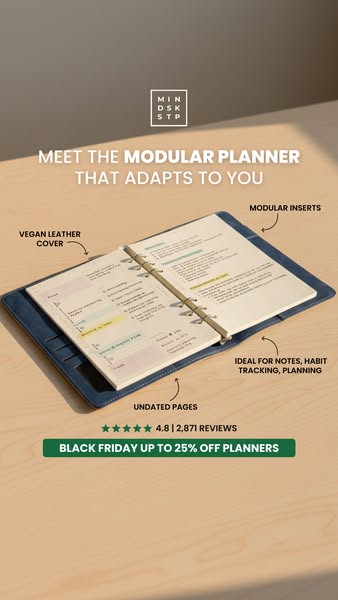 This ad promotes a modular planner from MINDSKSTP, highlighting its vegan leather cover, modular inserts, undated pages,