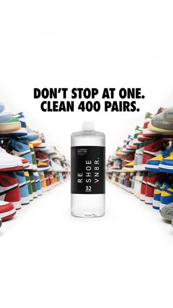 This ad features a bottle of shoe cleaner positioned in the center of the frame, flanked by rows of sneakers. The headli