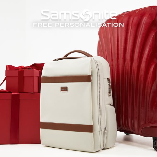 This ad showcases a Samsonite backpack and suitcase, emphasizing the availability of free personalization. The ad is vis