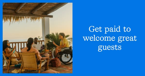 This image ad promotes the opportunity to earn money by hosting guests, featuring a group of people enjoying a meal toge