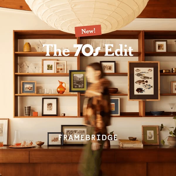 This image ad for Framebridge promotes their '70s Edit' collection, showcasing framed art and photos in a mid-ce