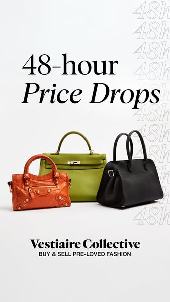 This ad for Vestiaire Collective promotes a limited-time 48-hour price drop on pre-loved fashion items. The image featur