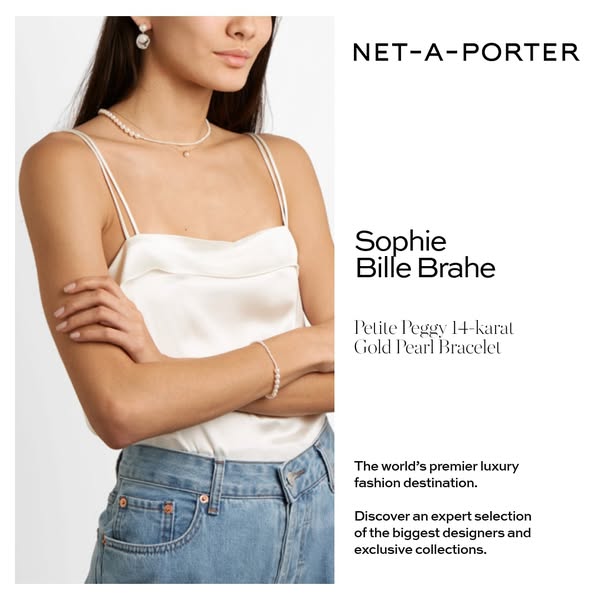 This ad showcases the Sophie Bille Brahe Petite Peggy 14-karat Gold Pearl Bracelet available at NET-A-PORTER.