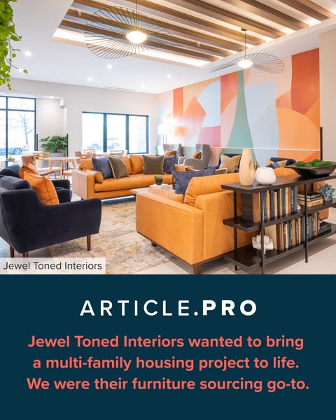 This ad showcases a modern, furnished multi-family housing project, emphasizing the role of Article.pro in providing fur