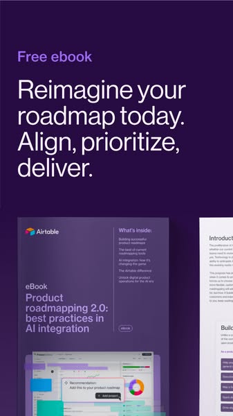 This ad promotes a free ebook from Airtable about product roadmapping with AI integration. It uses a clean, modern desig