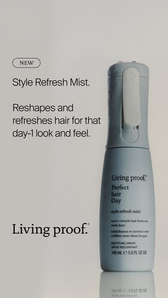 A minimalist ad for Living Proof Style Refresh Mist, highlighting its ability to reshape and refresh hair for a 'day