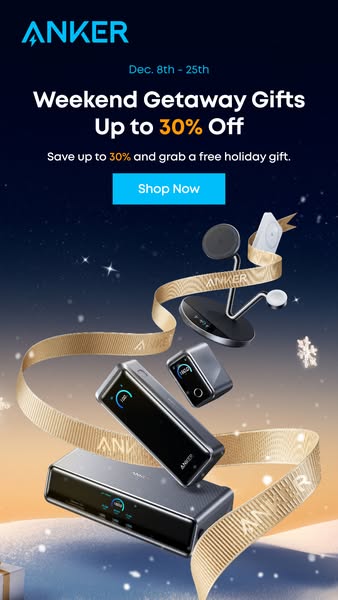 This ad promotes Anker products as weekend getaway gifts with a discount of up to 30% and a free holiday gift.