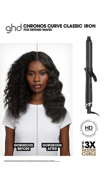This ad features a before and after shot of a woman's hair, demonstrating the effectiveness of the ghd Chronos Curve