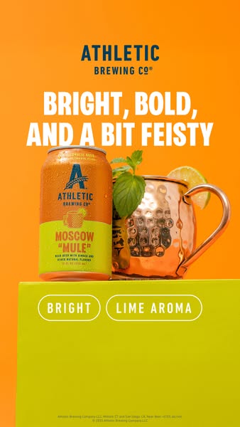 This image ad for Athletic Brewing Co.'s Moscow "Mule" beer features a can of the beverage next to a coppe