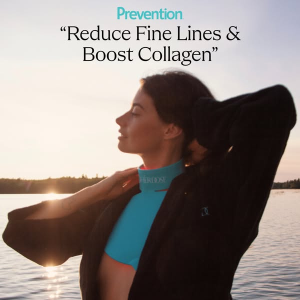 This image ad for HERDOSE features a woman in a wetsuit and jacket standing in front of a body of water at sunset. The a