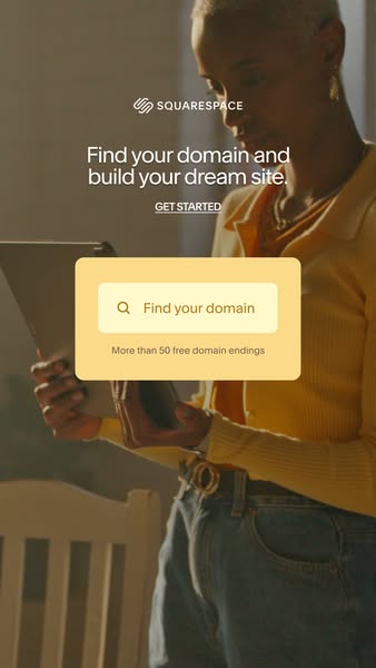 This ad promotes Squarespace's domain search and website building services. It features a woman holding a tablet wit