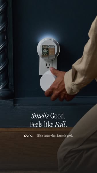 This ad showcases the Pura smart fragrance diffuser, emphasizing its ability to evoke the scents of fall and enhance the