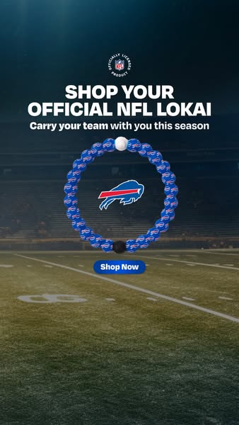 This image ad for Lokai promotes their official NFL bracelet. The bracelet is blue and features the Buffalo Bills logo. 