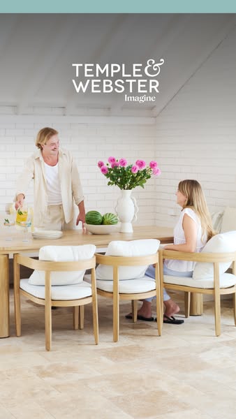 This ad showcases Temple & Webster's furniture in a lifestyle setting, featuring a dining table and chairs. The 