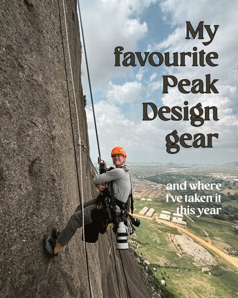 An ad showing Peak Design gear in use in an outdoor setting. A rock climber is pictured using their gear, demonstrating 