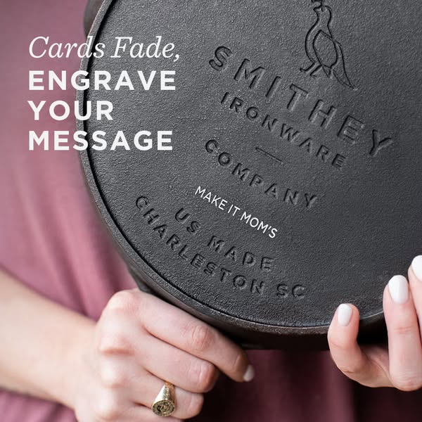 This ad showcases a close up of the base of a cast iron pan. There is text overlayed that emphasizes that the user can e