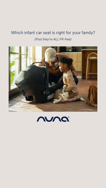 This image ad features a Nuna infant car seat with a man and child, emphasizing the brand's commitment to FR-free pr