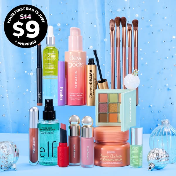 This ad showcases a variety of beauty products available in a subscription bag, highlighting a special introductory offe