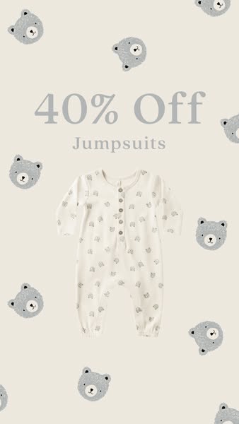 This image ad promotes a sale on baby jumpsuits. The ad features a neutral color palette and a simple design, with a foc