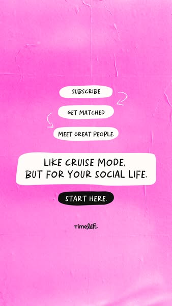 This ad features a pink background with a series of white buttons. The first three buttons at the top encourage the view