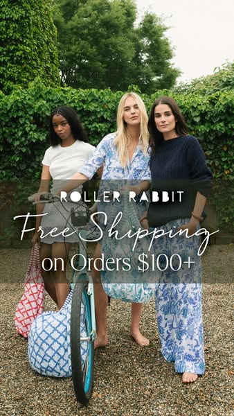 This image ad for Roller Rabbit features three women standing in front of a bicycle and foliage, promoting free shipping