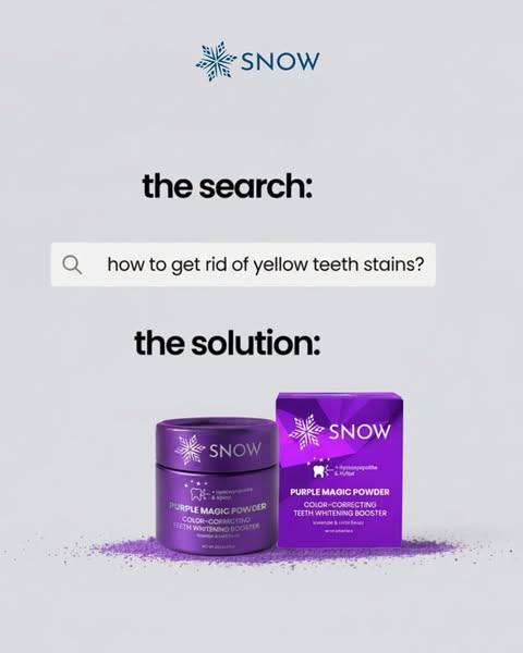 This ad for Snow teeth whitening products uses a problem/solution format to highlight the brand's Purple Magic Powde