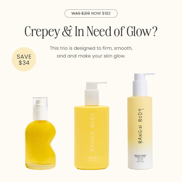 This ad promotes the Bangn Body skincare trio, which is designed to firm, smooth, and make the skin glow. It highlights 