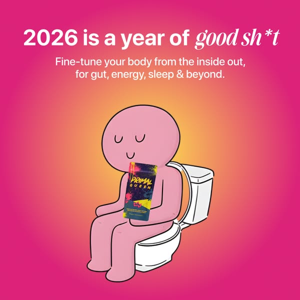 This image ad for Primal Queen features a cartoon person sitting on the toilet while holding a box of Primal Queen suppl