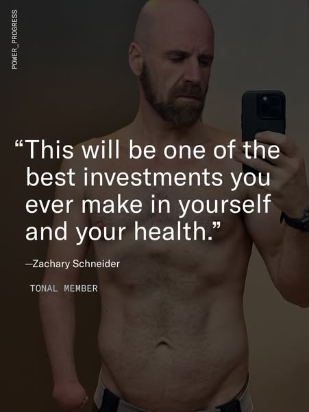 This ad features a male Tonal member’s quote about the equipment being one of the best investments in his health.