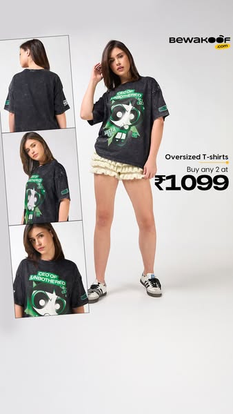 This ad showcases an oversized t-shirt from Bewakoof.com, featuring a cartoon graphic. It highlights a special offer to 