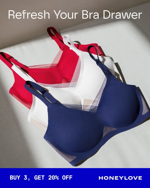 This image ad showcases Honeylove bras in three colors with the promotional text 'Buy 3, Get 20% Off.'