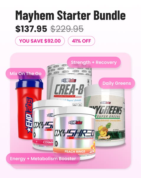 This ad features a product bundle from EHP Labs. The bundle is called Mayhem Starter Bundle and includes a shaker bottle