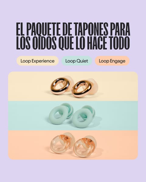 This ad showcases the Loop earplug product line, highlighting three specific earplugs for different environments. It emp