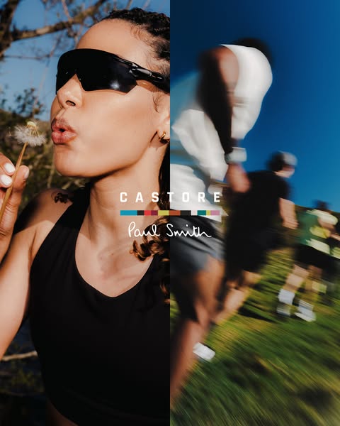 This split screen image ad features a partnership between Castore and Paul Smith, showing activewear being worn by athle