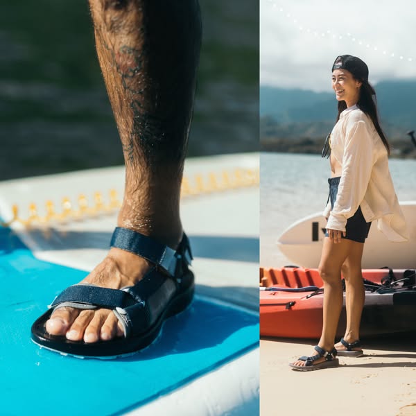 Split-screen lifestyle ad showcasing sandals on a paddleboard and on a beach.