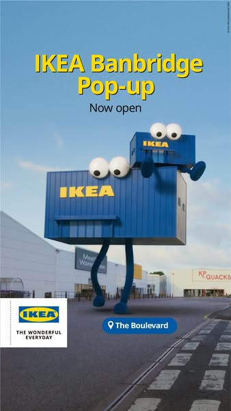 This image ad promotes the IKEA Banbridge Pop-up store. The ad features a cartoonish building with eyes and legs, set ag