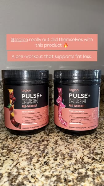 This ad features two containers of Legion Pulse+ Burn pre-workout supplement in different flavors. The ad uses a custome