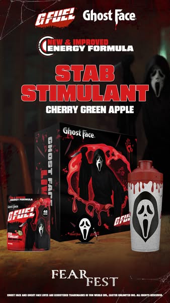 This ad promotes G FUEL's Ghost Face energy drink, highlighting its new and improved formula and cherry green apple 