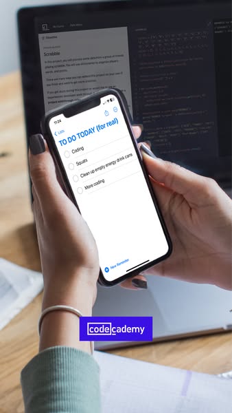 This image ad for Codecademy features a person holding a phone with a to-do list that includes coding, squats, cleaning,