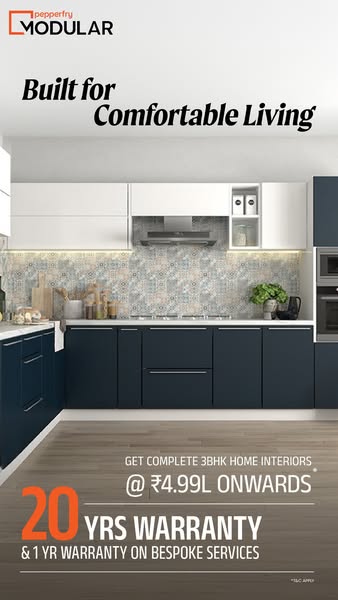 This ad promotes Pepperfry Modular kitchen interiors, highlighting the brand's focus on comfortable living and offer