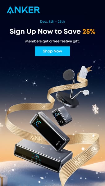 This ad for Anker promotes a sale from December 8th to 25th, offering a 25% discount and a free festive gift for members