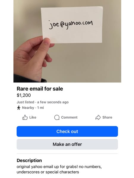 This ad is for a rare Yahoo email address for sale. The email address is 'joe@yahoo.com' and the seller is askin